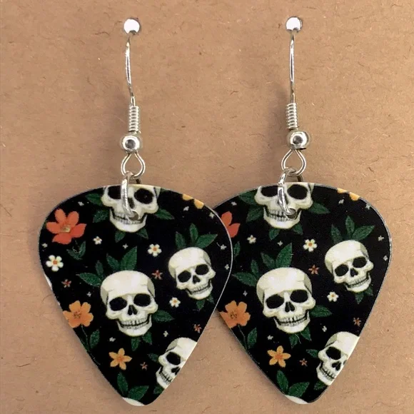 Skull Guitar Pick Custom Earrings Halloween - Picture 4 of 4